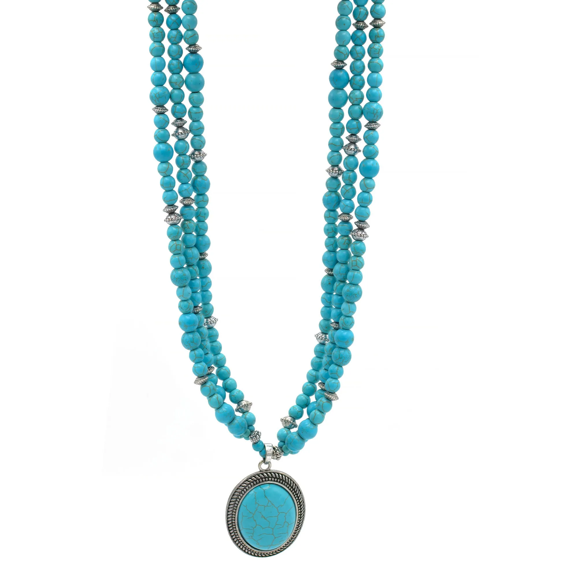 Antique Look Silver-Tone Multi-Strand Turquoise Beads And Oval Pendant Necklace #HNN88855-1 (LF22)