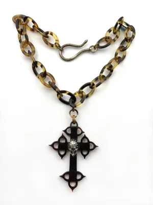 Antique Silver, Diamond & Carved Tortoise Shell Cross Pendant & Chain