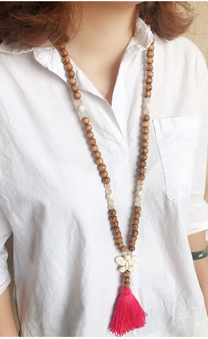 Antique Wooden Beads Necklace Female Color Tassel Butterfly Star Turquoise Pendant