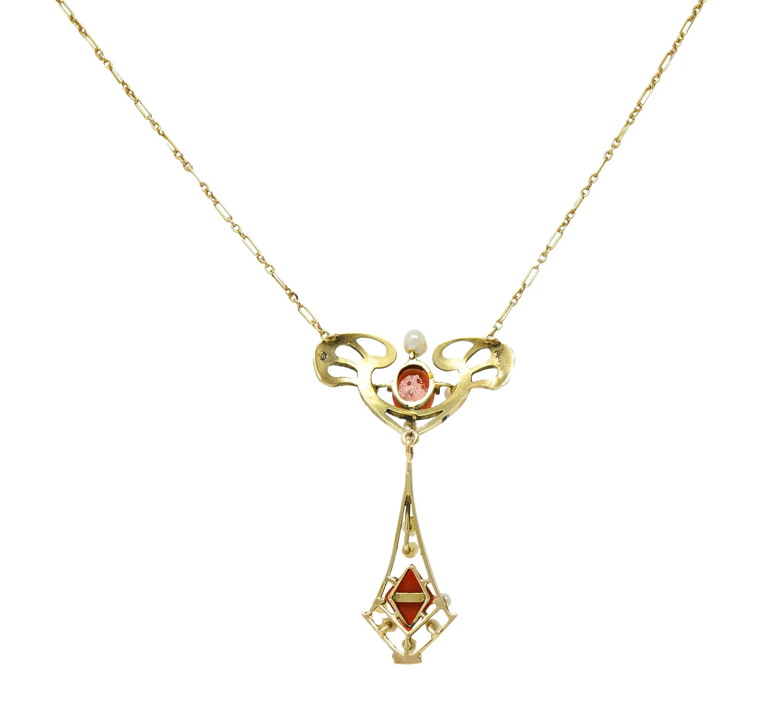 Art Nouveau Pearl Coral 14 Karat Yellow Gold Whiplash Antique Station Drop Necklace