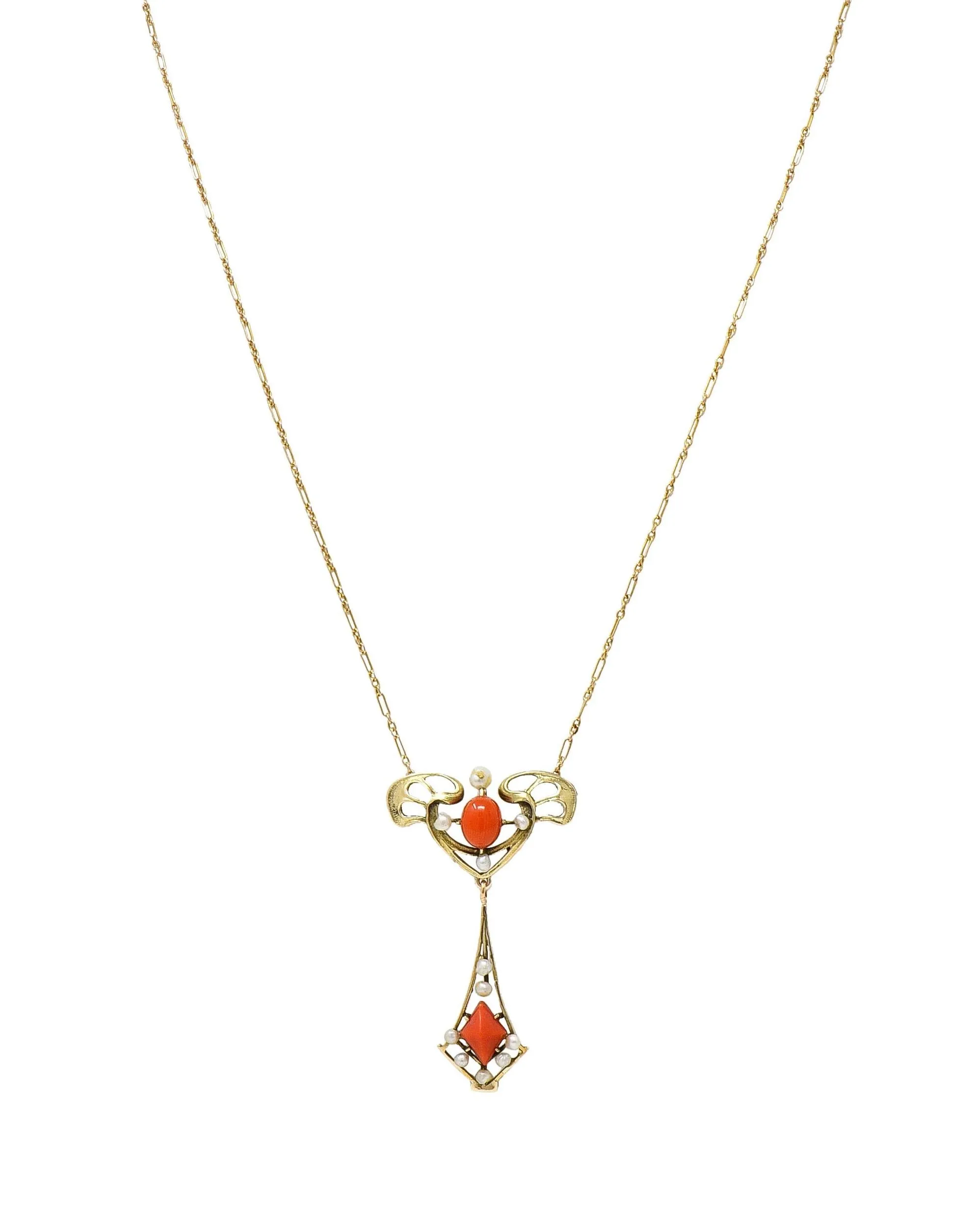 Art Nouveau Pearl Coral 14 Karat Yellow Gold Whiplash Antique Station Drop Necklace