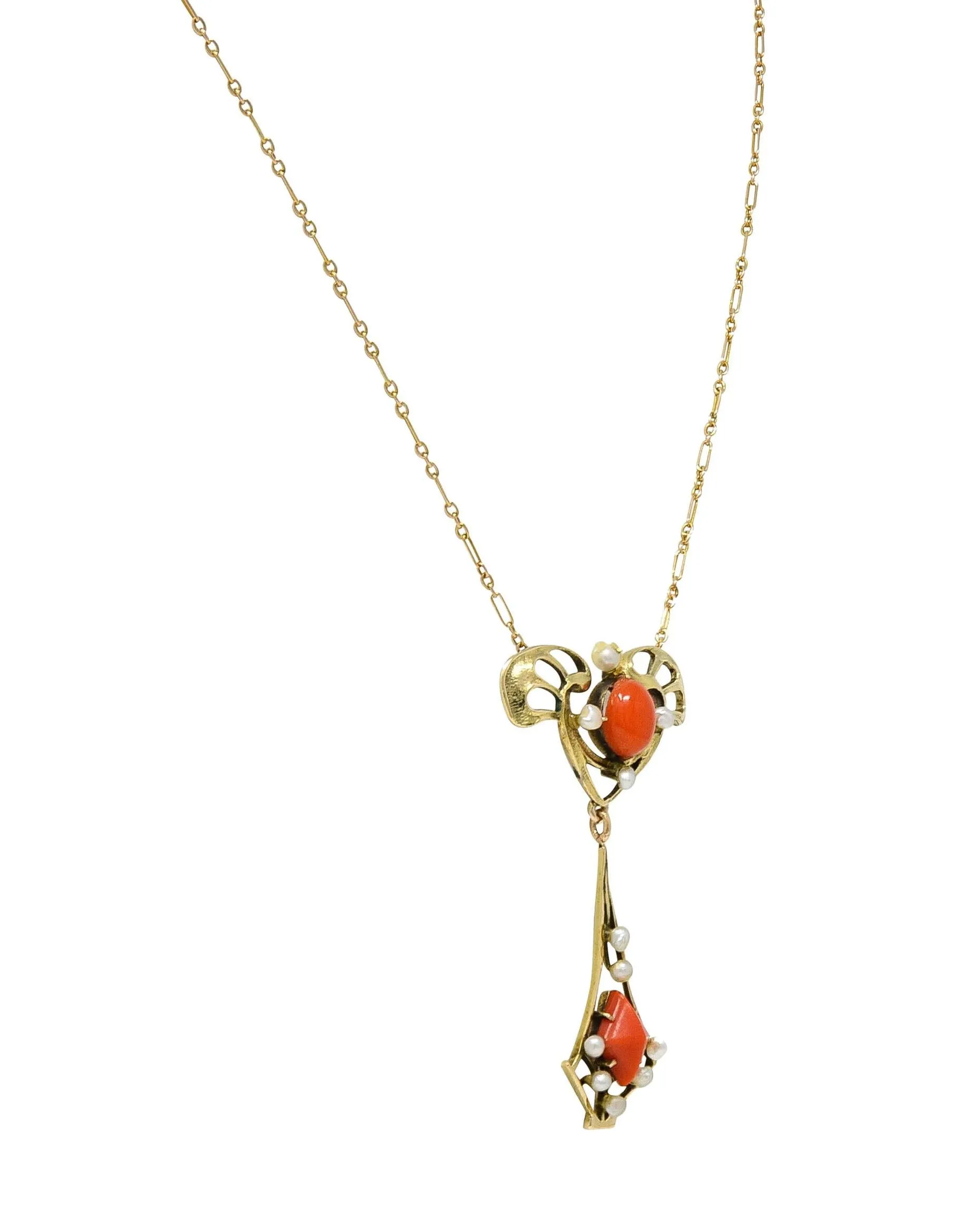 Art Nouveau Pearl Coral 14 Karat Yellow Gold Whiplash Antique Station Drop Necklace
