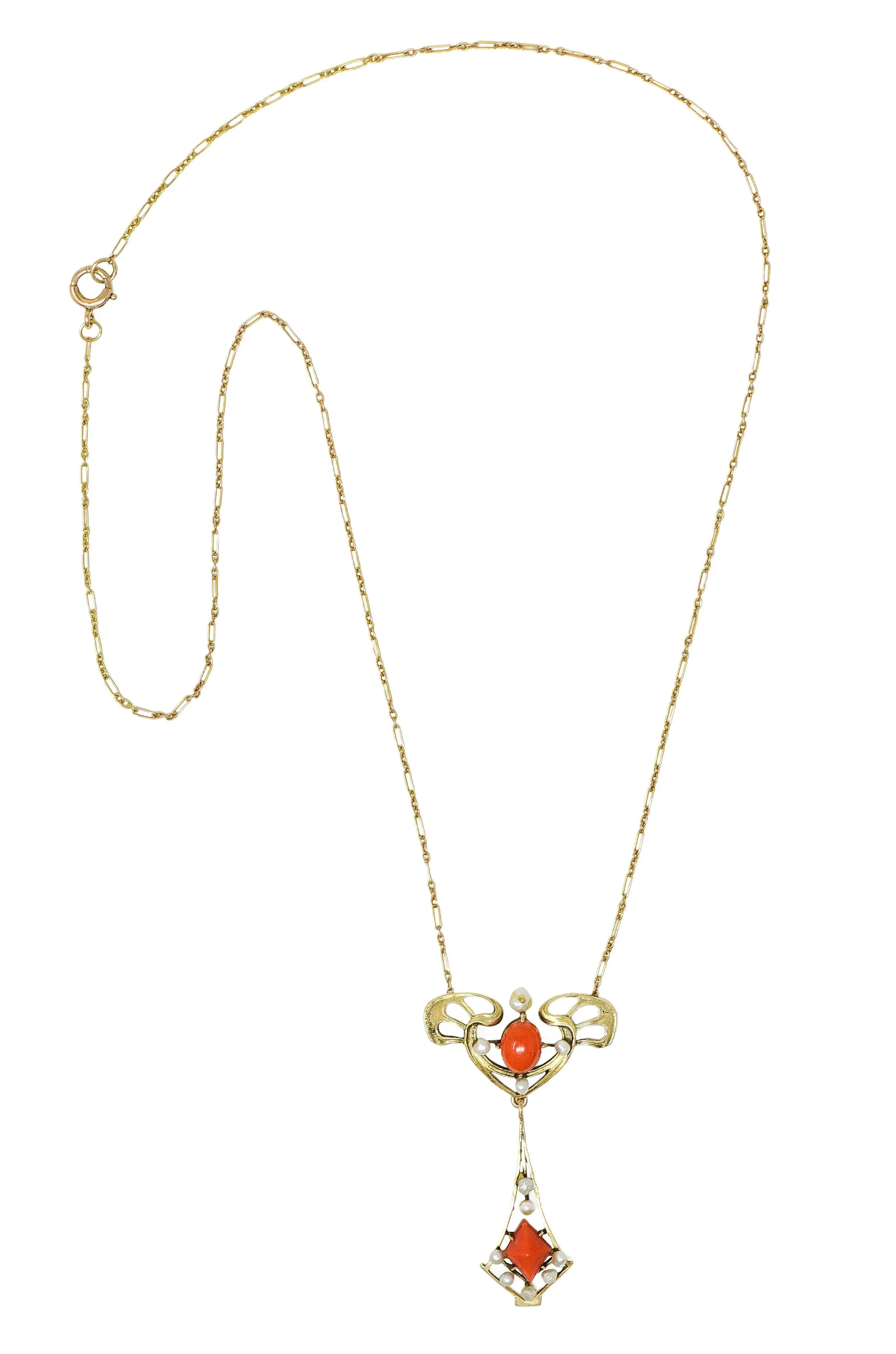 Art Nouveau Pearl Coral 14 Karat Yellow Gold Whiplash Antique Station Drop Necklace
