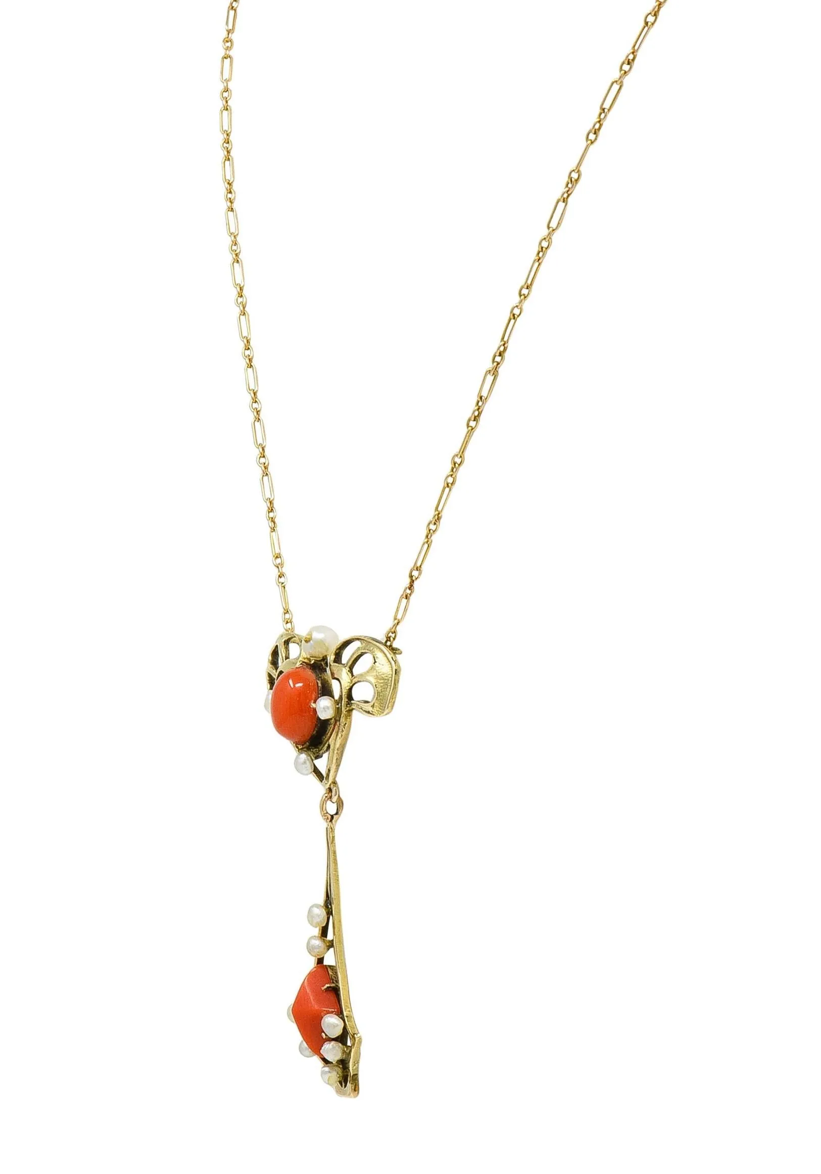 Art Nouveau Pearl Coral 14 Karat Yellow Gold Whiplash Antique Station Drop Necklace