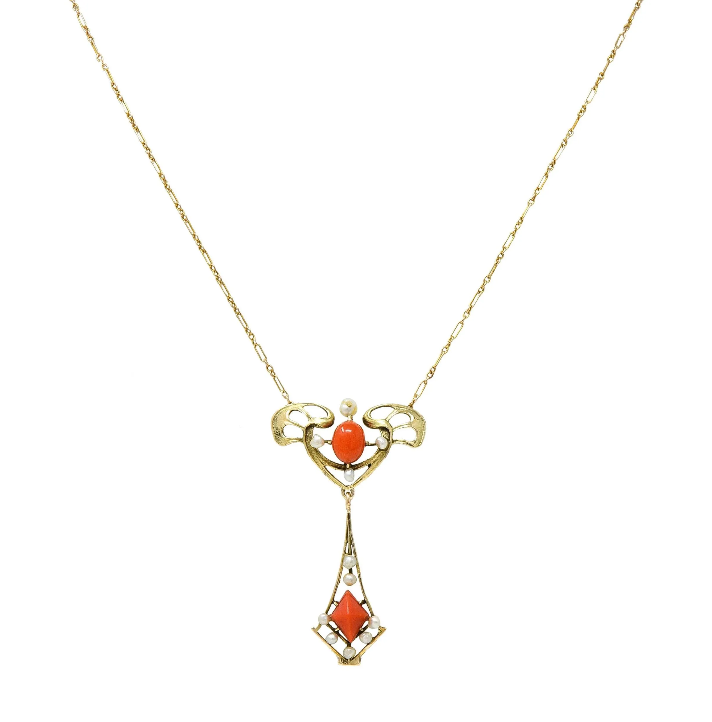 Art Nouveau Pearl Coral 14 Karat Yellow Gold Whiplash Antique Station Drop Necklace