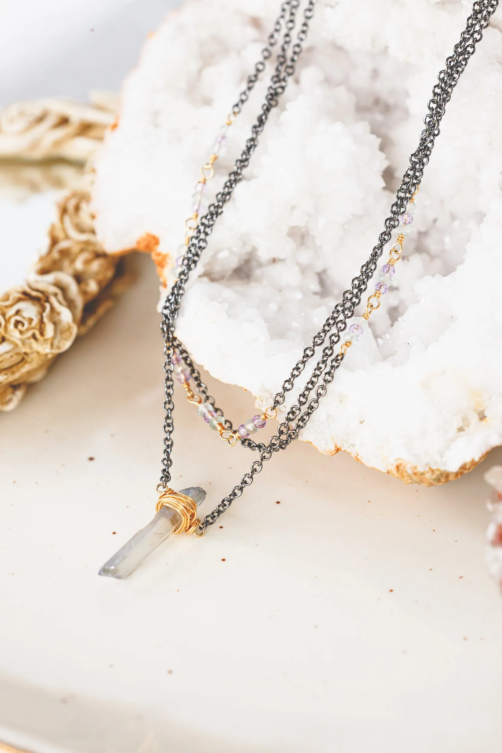 Aura Crystal Pendant 3 Strand Choker in Gunmetal and 14K Gold Filled As Seen On CW's Charmed