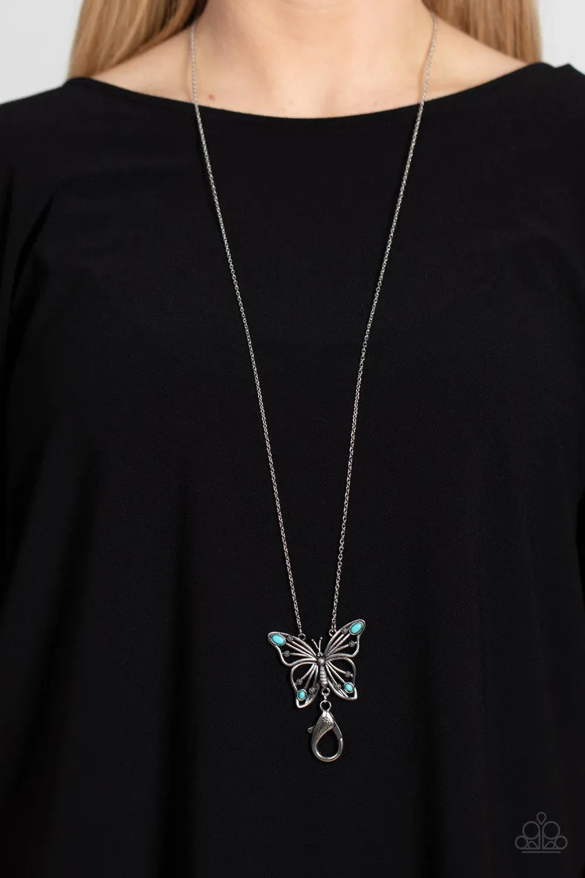 Badlands Butterfly - Blue - Turquoise Stone Silver Paparazzi Lanyard Necklace