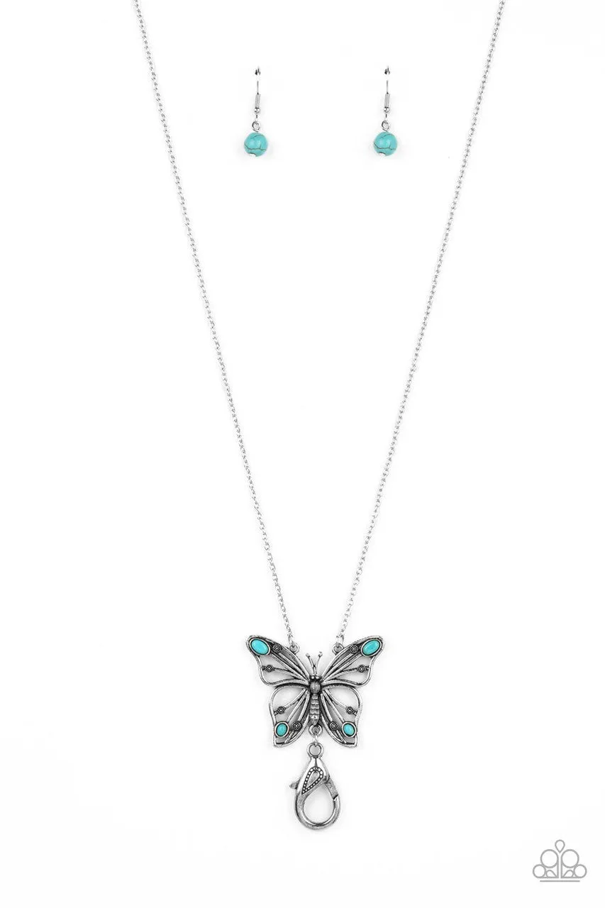 Badlands Butterfly - Blue - Turquoise Stone Silver Paparazzi Lanyard Necklace