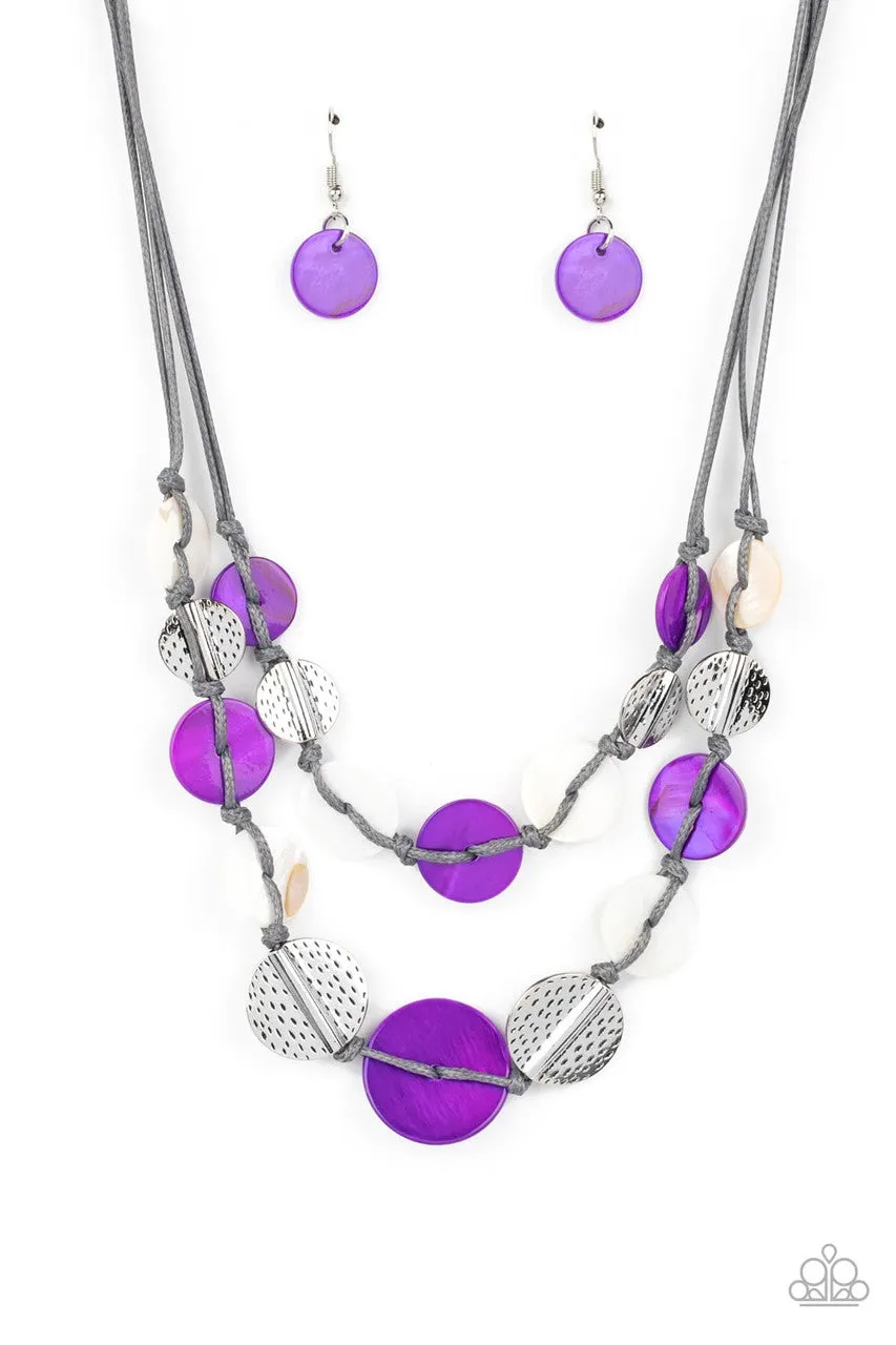 Barefoot Beaches - Purple - and White Seashell Disc Tiered Paparazzi Short Necklace