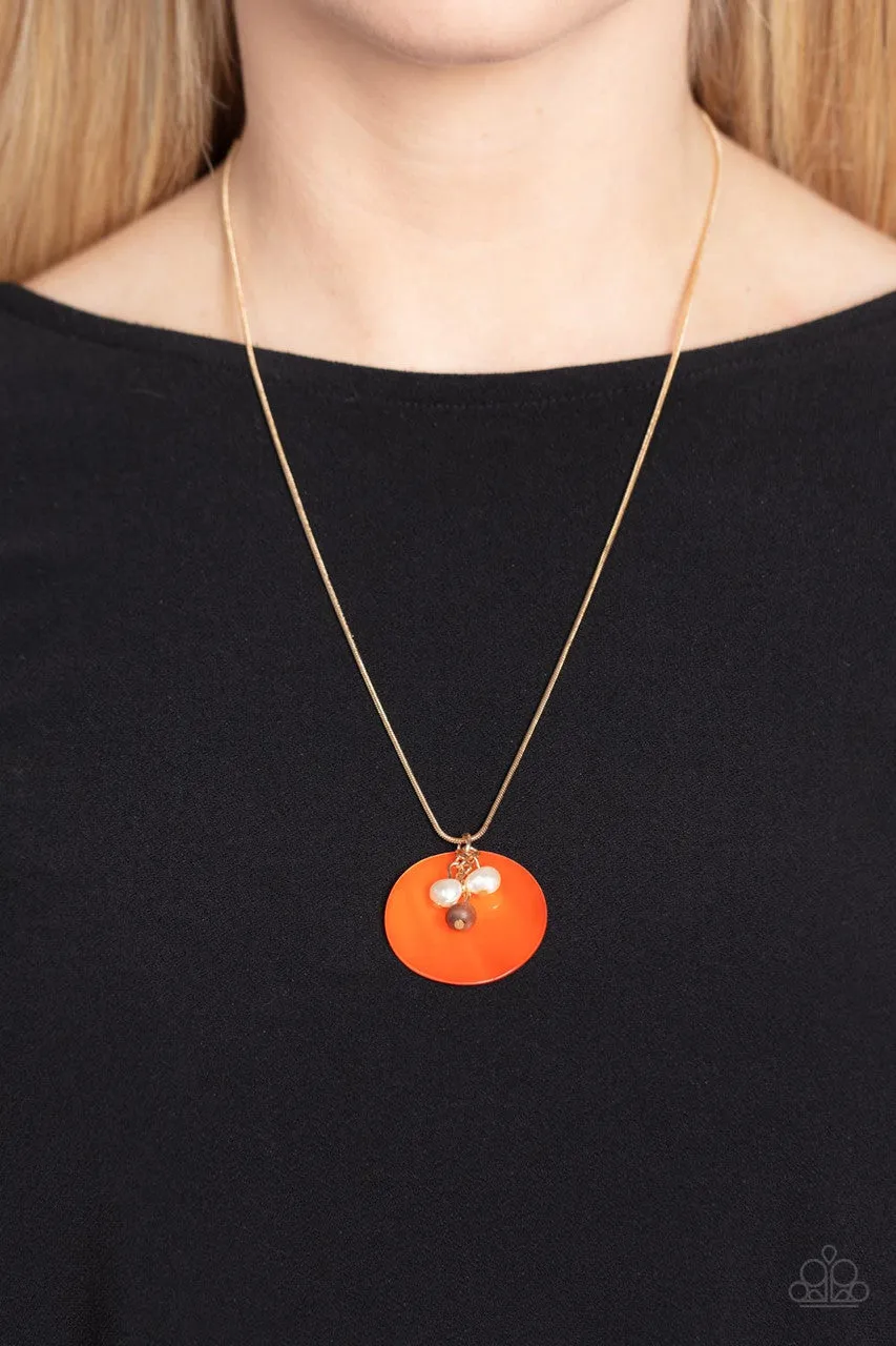 Beach House Harmony - Orange - Seashell Disc and White Pearl Gold Paparazzi Short Necklace