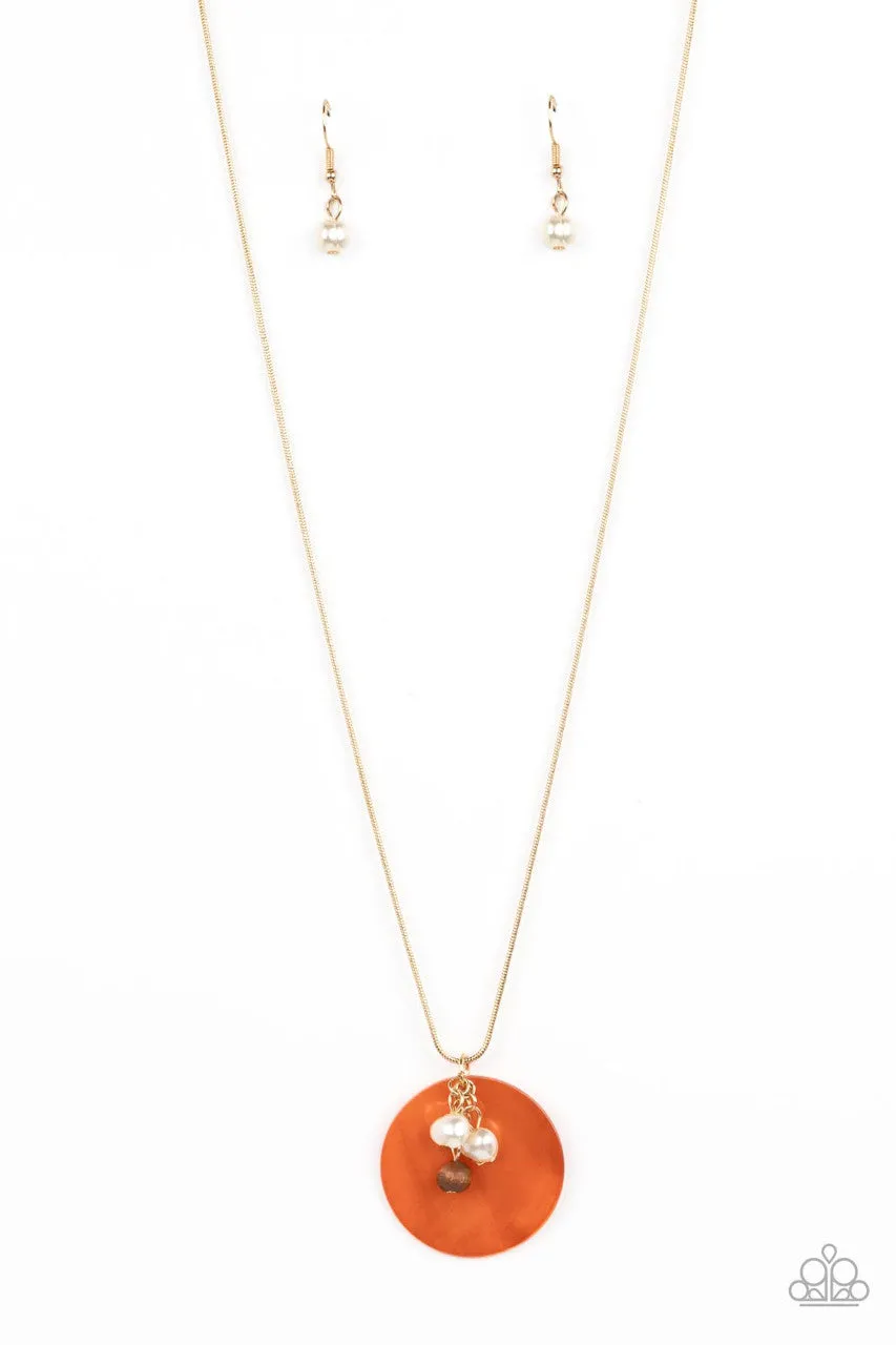 Beach House Harmony - Orange - Seashell Disc and White Pearl Gold Paparazzi Short Necklace
