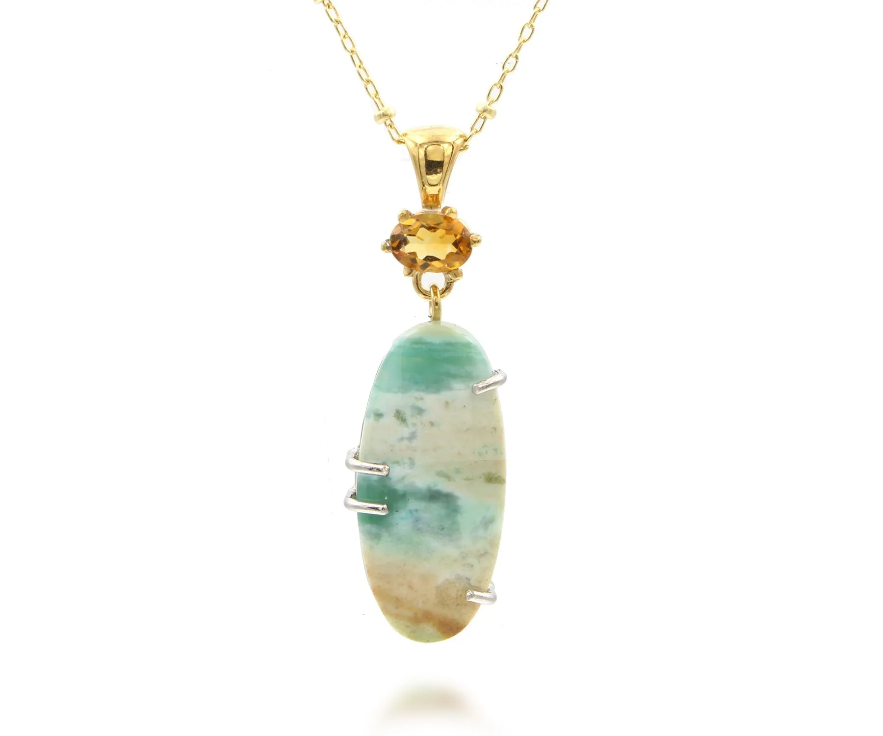 Beach Opal Petrified Wood Oval Citrine Necklace