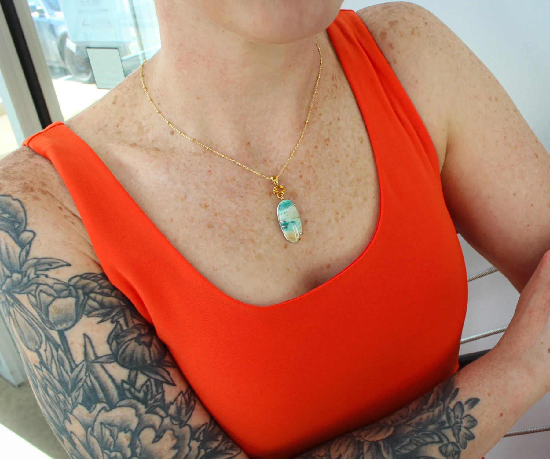 Beach Opal Petrified Wood Oval Citrine Necklace