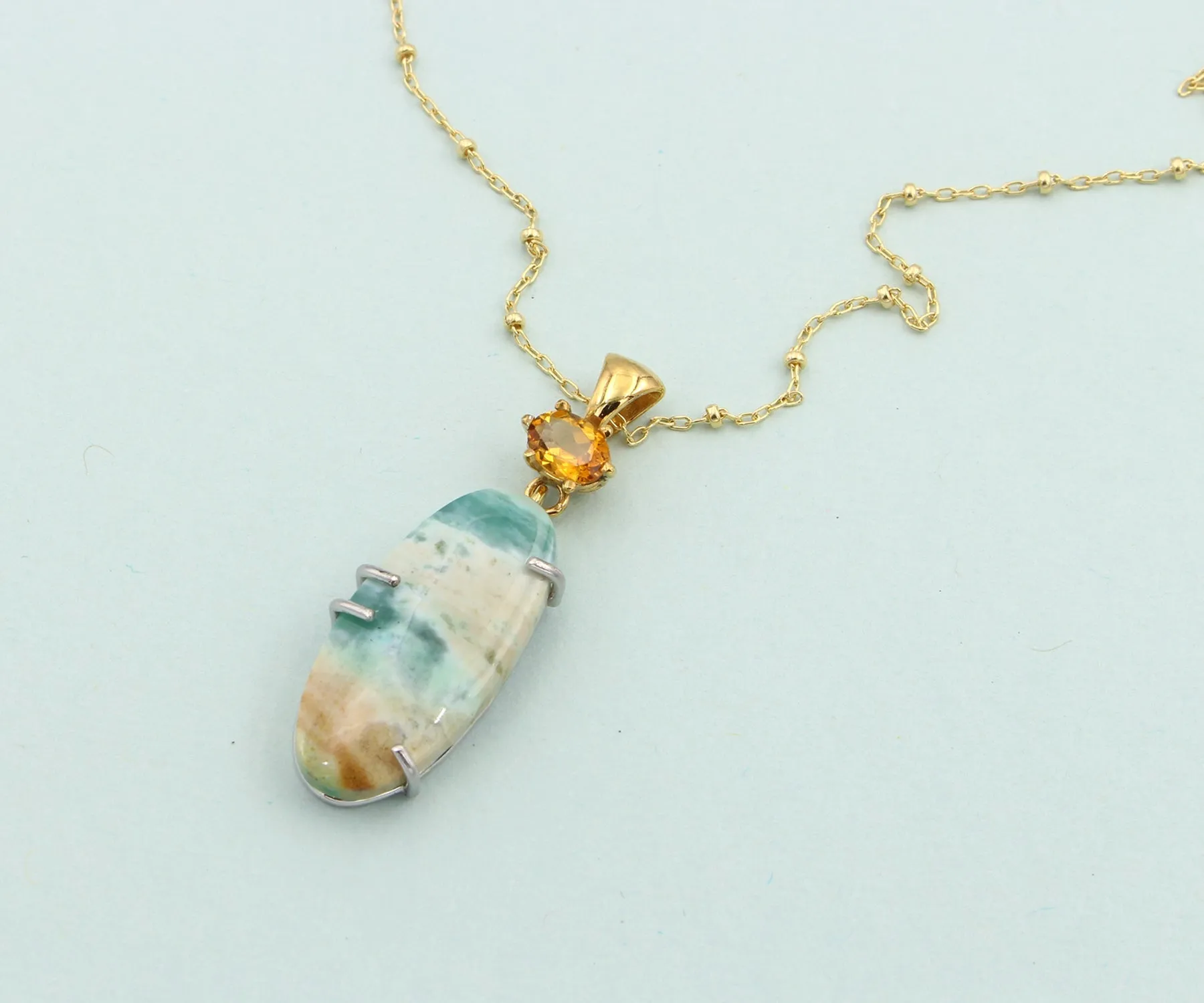 Beach Opal Petrified Wood Oval Citrine Necklace