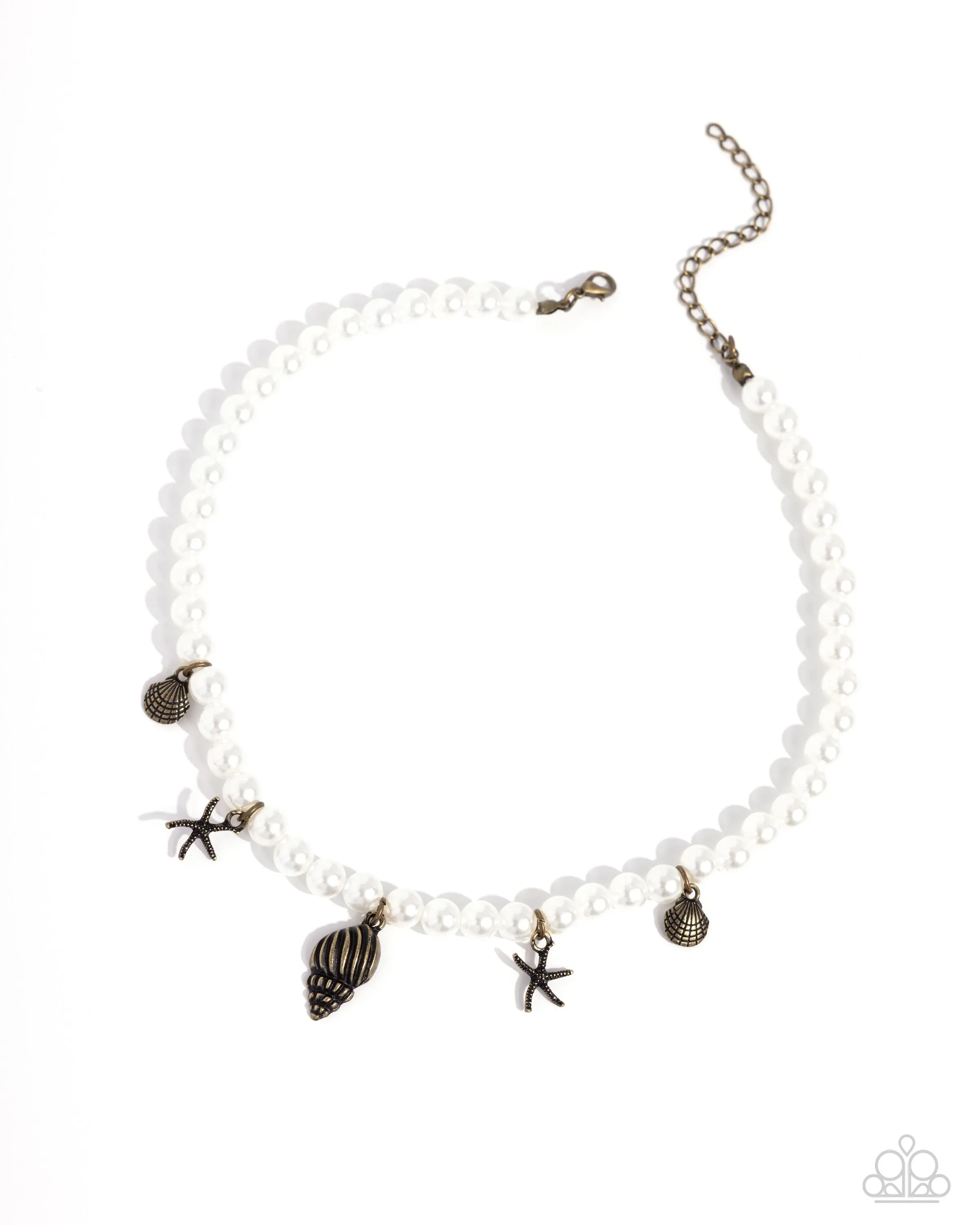 Beachcomber Beauty - Brass - Seashell and Starfish Charm White Pearl Paparazzi Short Necklace