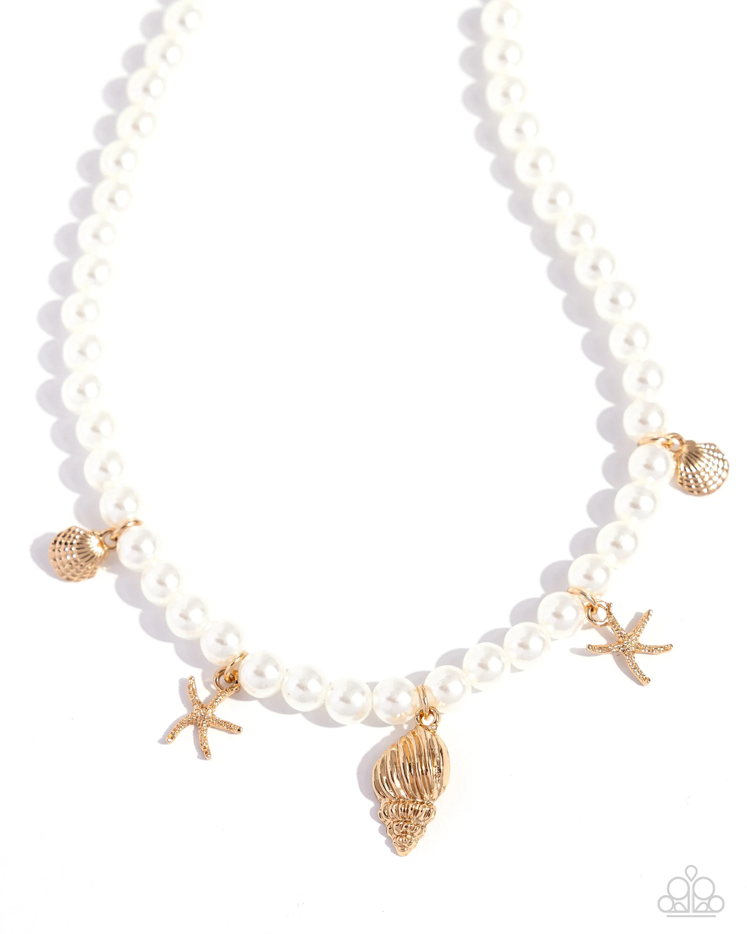 Beachcomber Beauty - Gold - Seashell and Starfish Charm White Pearl Paparazzi Short Necklace