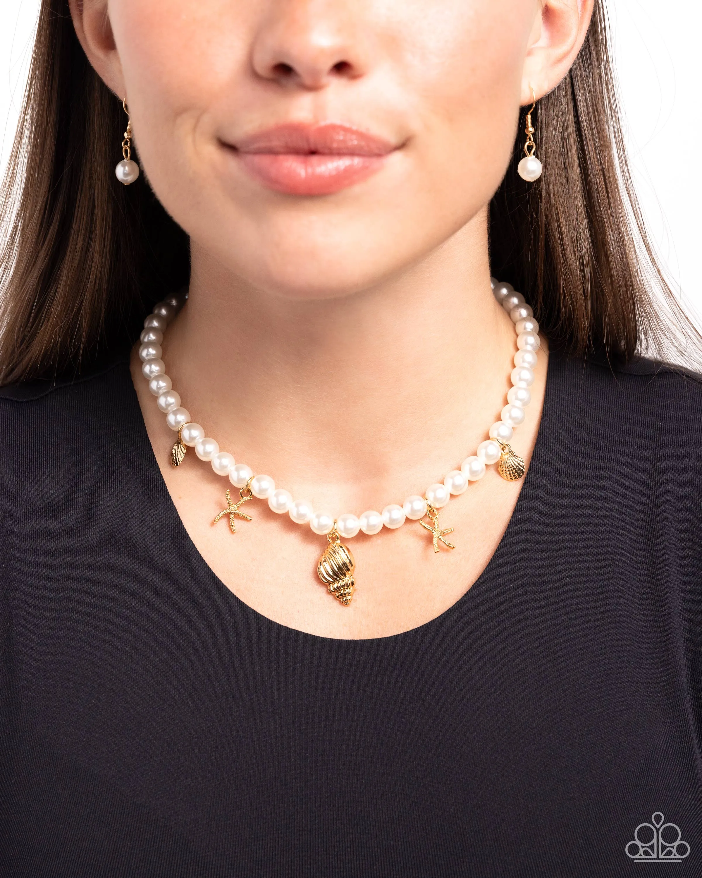 Beachcomber Beauty - Gold - Seashell and Starfish Charm White Pearl Paparazzi Short Necklace