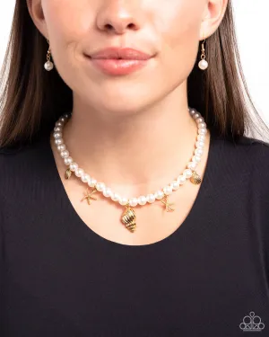 Beachcomber Beauty - Gold - Seashell and Starfish Charm White Pearl Paparazzi Short Necklace