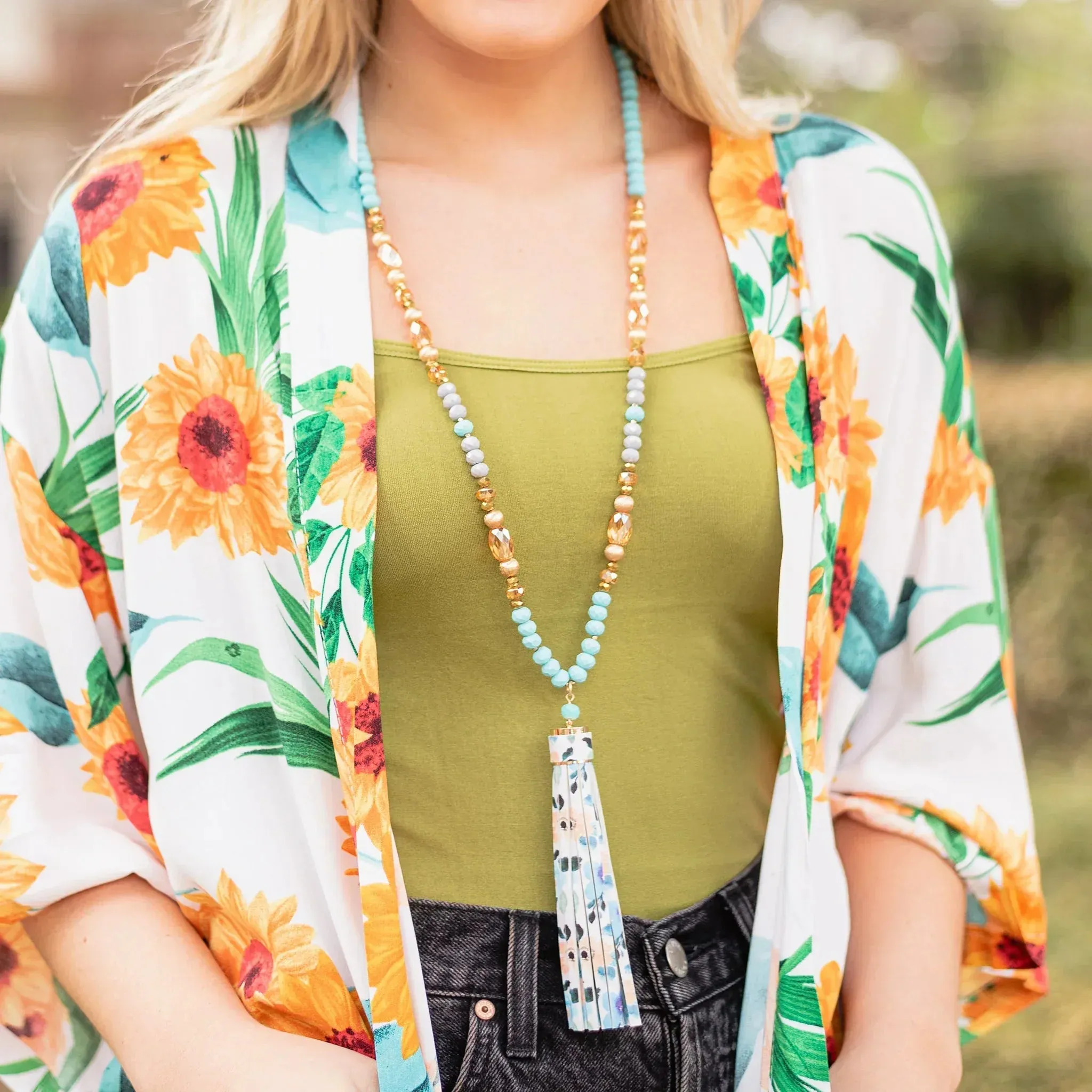 Beautiful Turquoise & gold crystal necklace with floral tassel