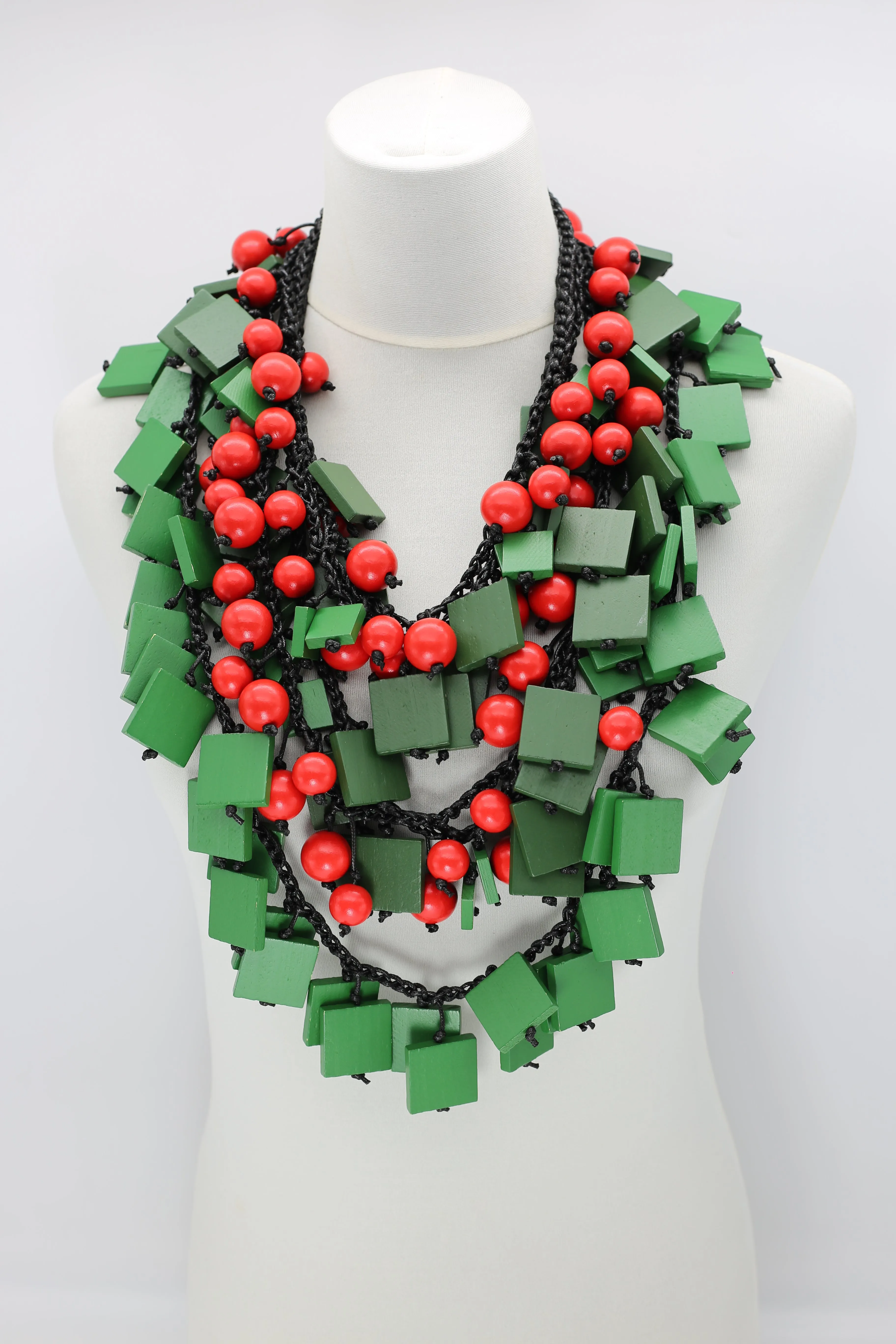 Berries & Squares Necklaces Set - Spring Green/Racing Green/Red