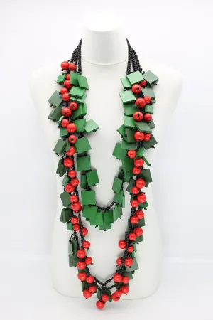 Berries & Squares Necklaces Set - Spring Green/Racing Green/Red