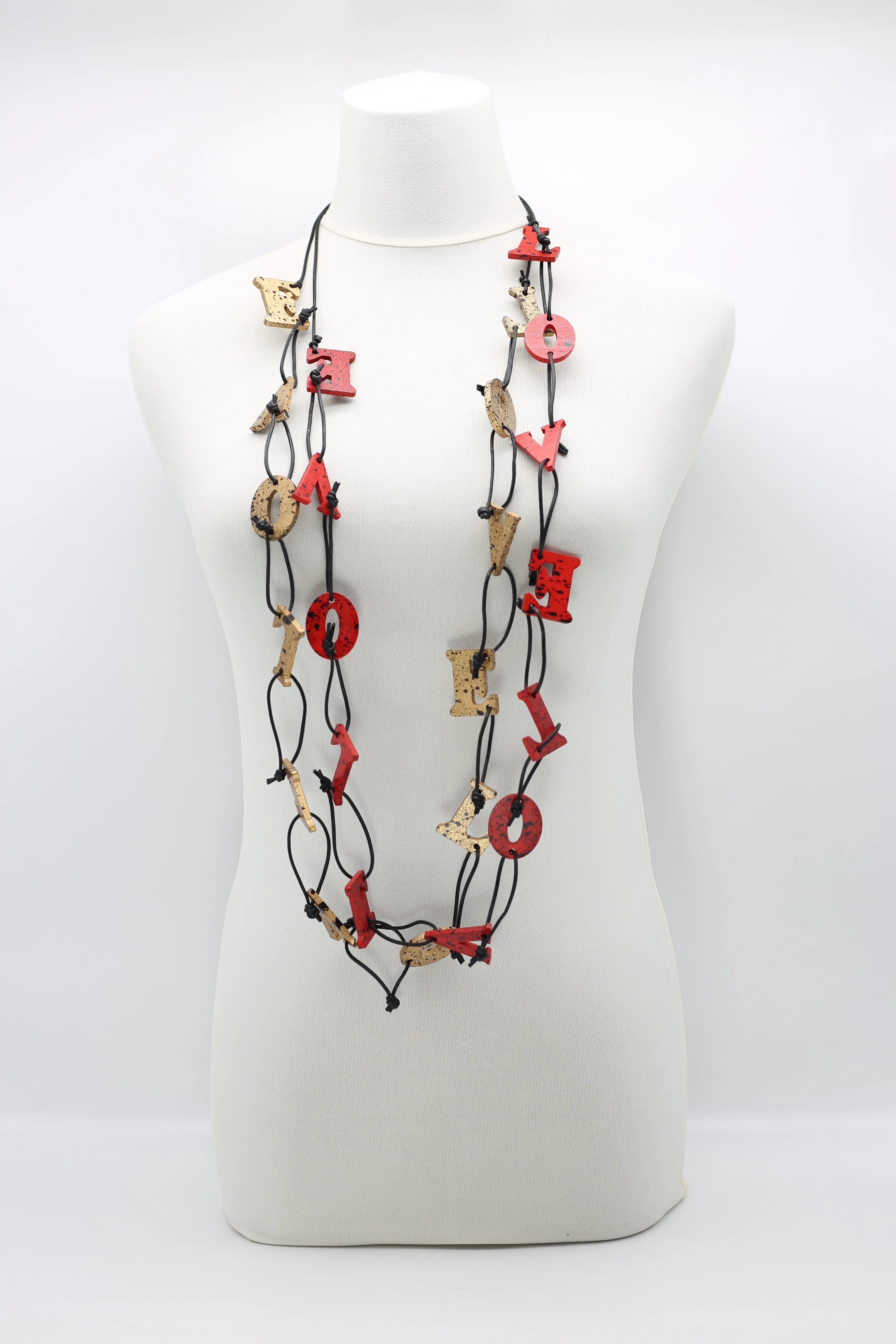 Big LOVE on Leatherette Chain Necklaces Set - Hand-painted - Red/Black, Gold/Black