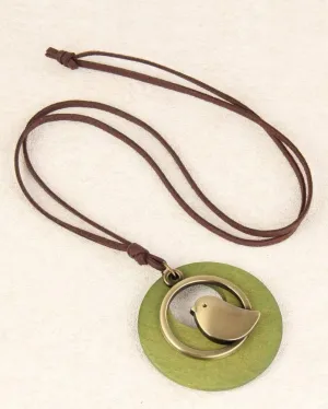 Bird Charm Green Wooden Necklace