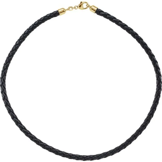 Black 5 mm Braided Leather 20" Cord with 14K Yellow Gold Lobster Clasp