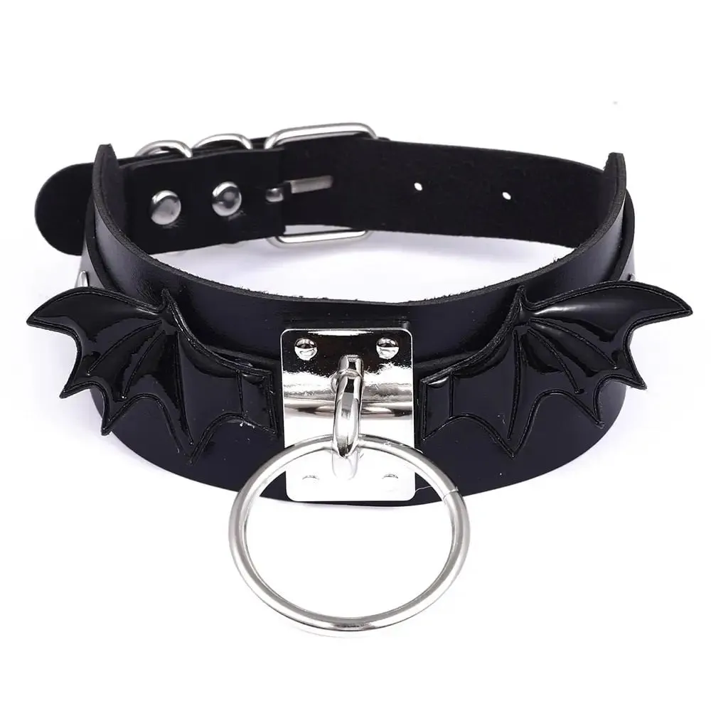 Black Leather Bat Wings Necklace for Y2K Fashion Style