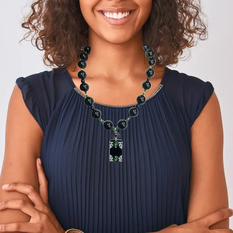 Black Onyx, Jade, and Diamond Necklace Enhancer in 18k White Gold