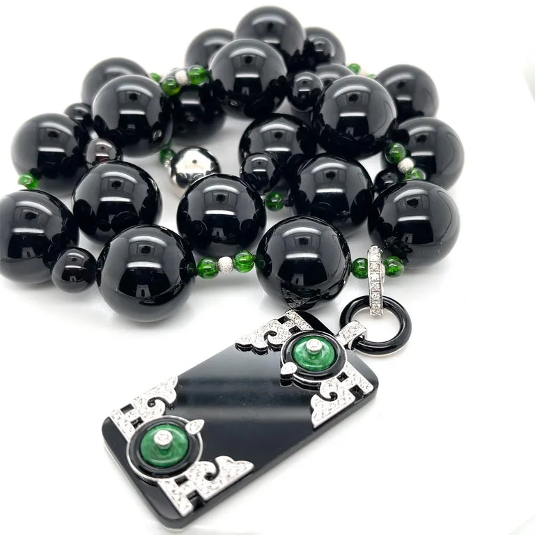 Black Onyx, Jade, and Diamond Necklace Enhancer in 18k White Gold