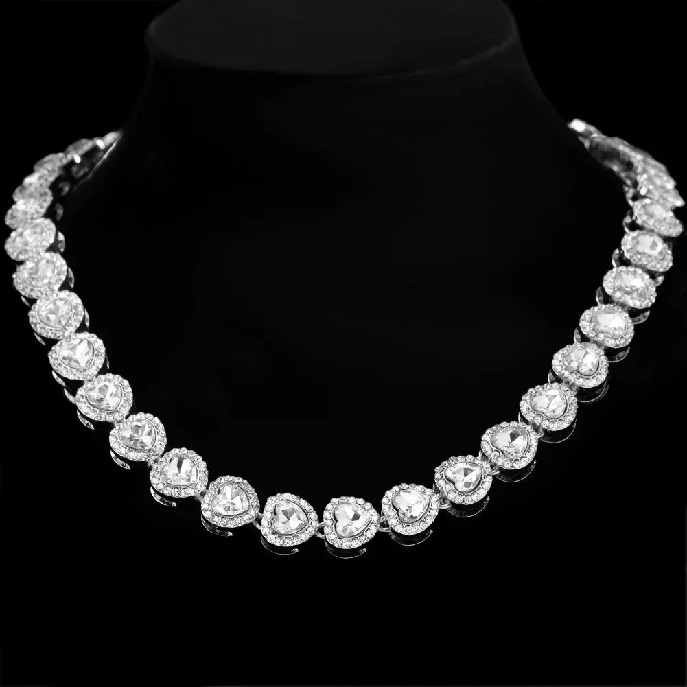 Bling Luxury Paved Crystal Heart Cuban Link Chain Necklace for Women Hip Hop Iced Out Round Square Tennis Chain Choker Jewelry
