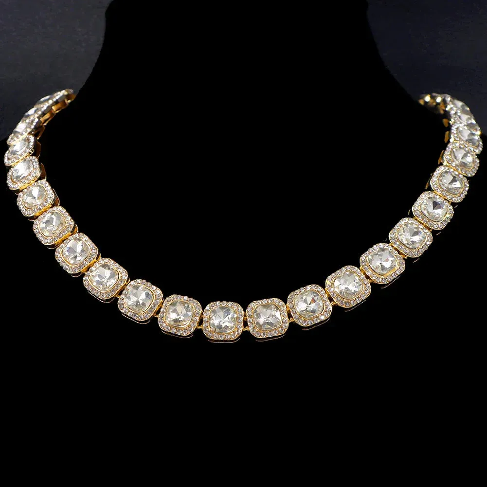 Bling Luxury Paved Crystal Heart Cuban Link Chain Necklace for Women Hip Hop Iced Out Round Square Tennis Chain Choker Jewelry