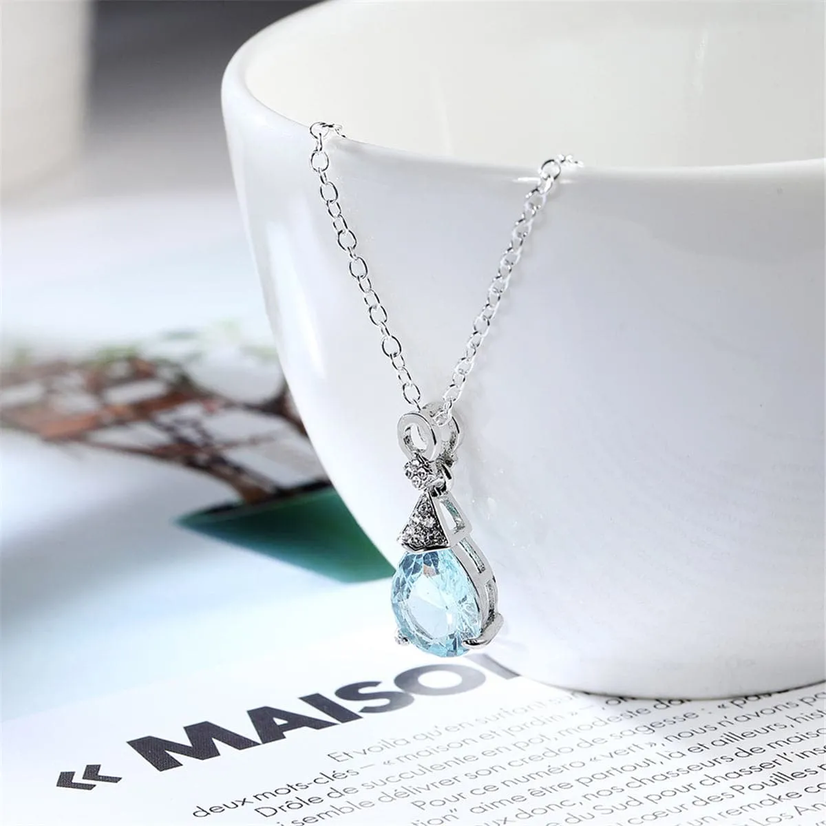 Blue Crystal & Cubic Zirconia Teardrop Pendant Necklace