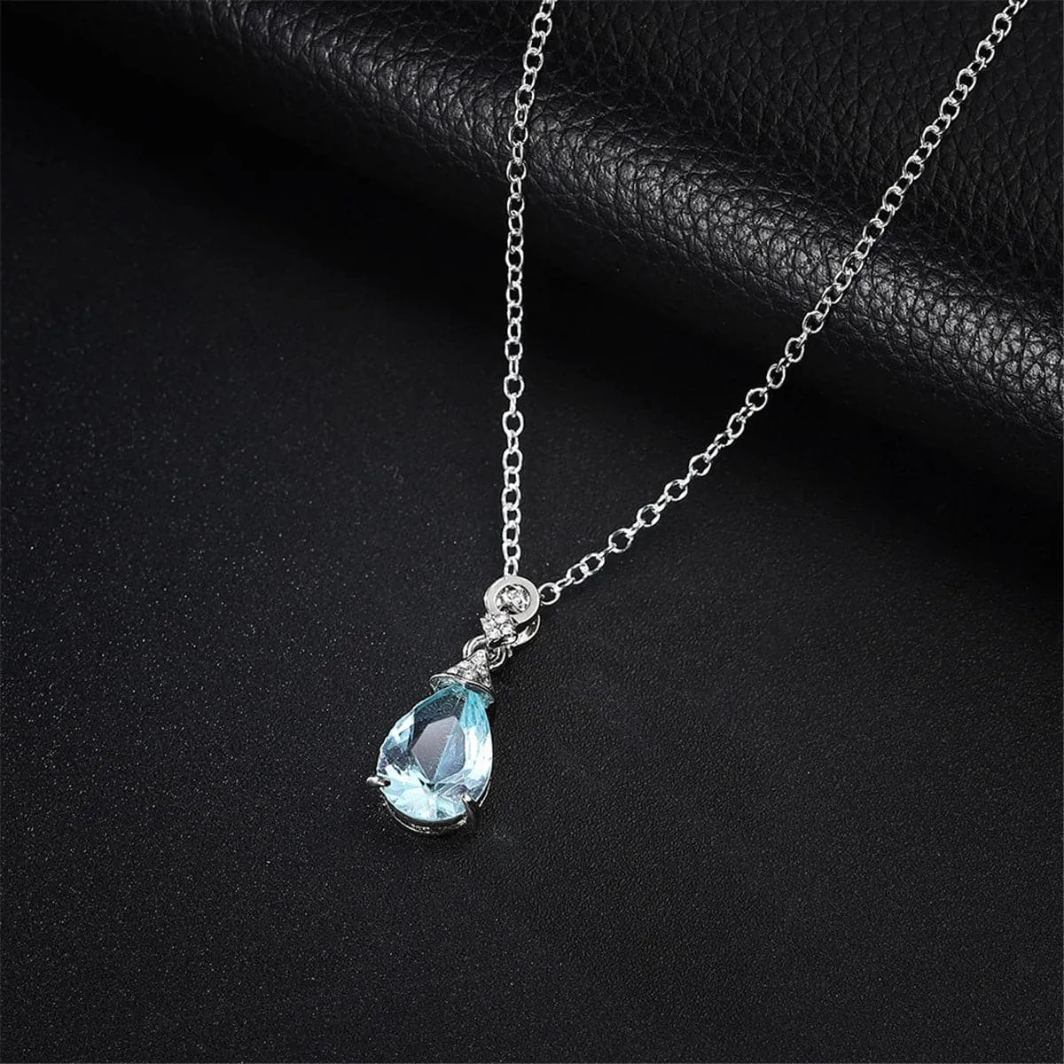 Blue Crystal & Cubic Zirconia Teardrop Pendant Necklace