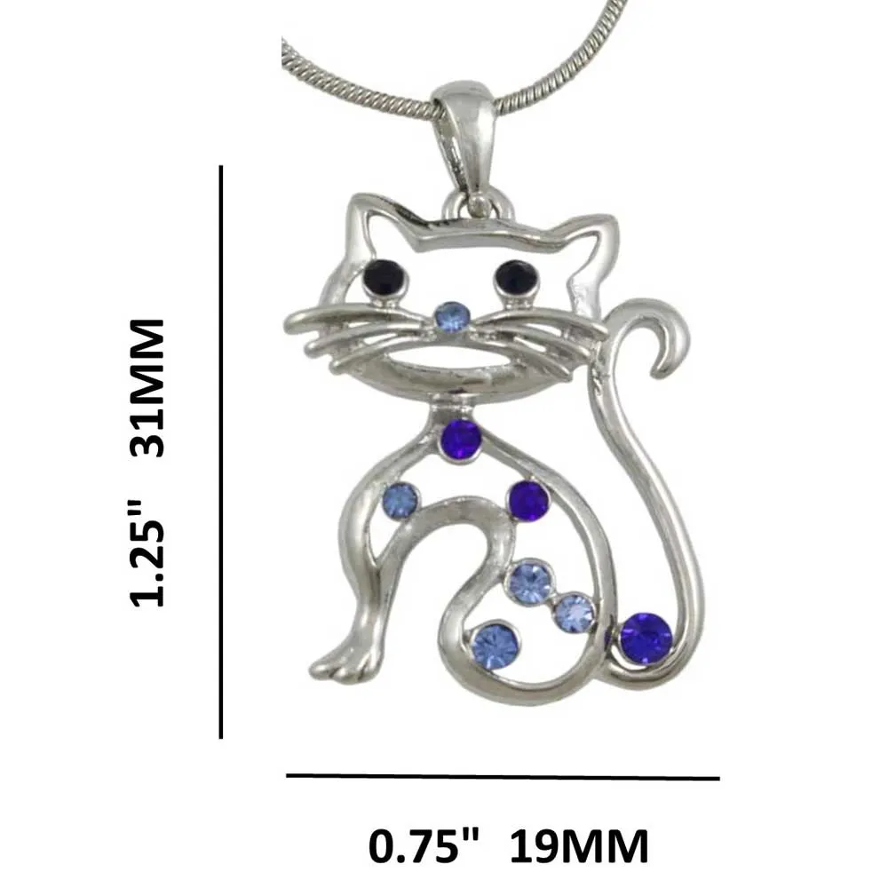 Blue Crystal Cat Pendant on 18 inch Silver-tone Chain - PT318