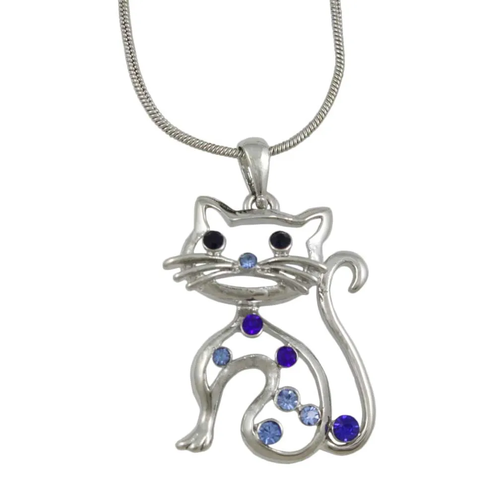 Blue Crystal Cat Pendant on 18 inch Silver-tone Chain - PT318