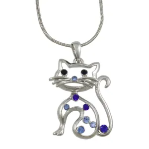 Blue Crystal Cat Pendant on 18 inch Silver-tone Chain - PT318