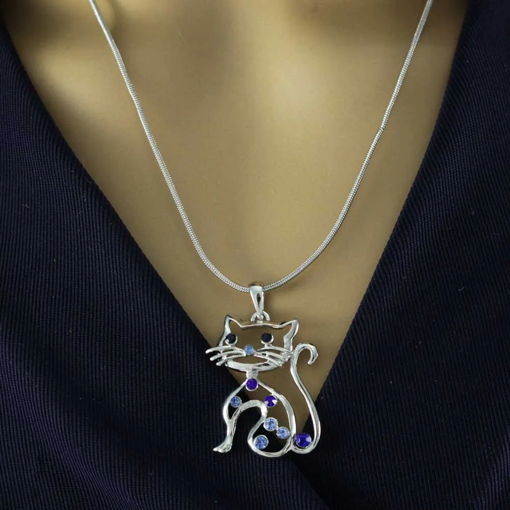 Blue Crystal Cat Pendant on 18 inch Silver-tone Chain - PT318