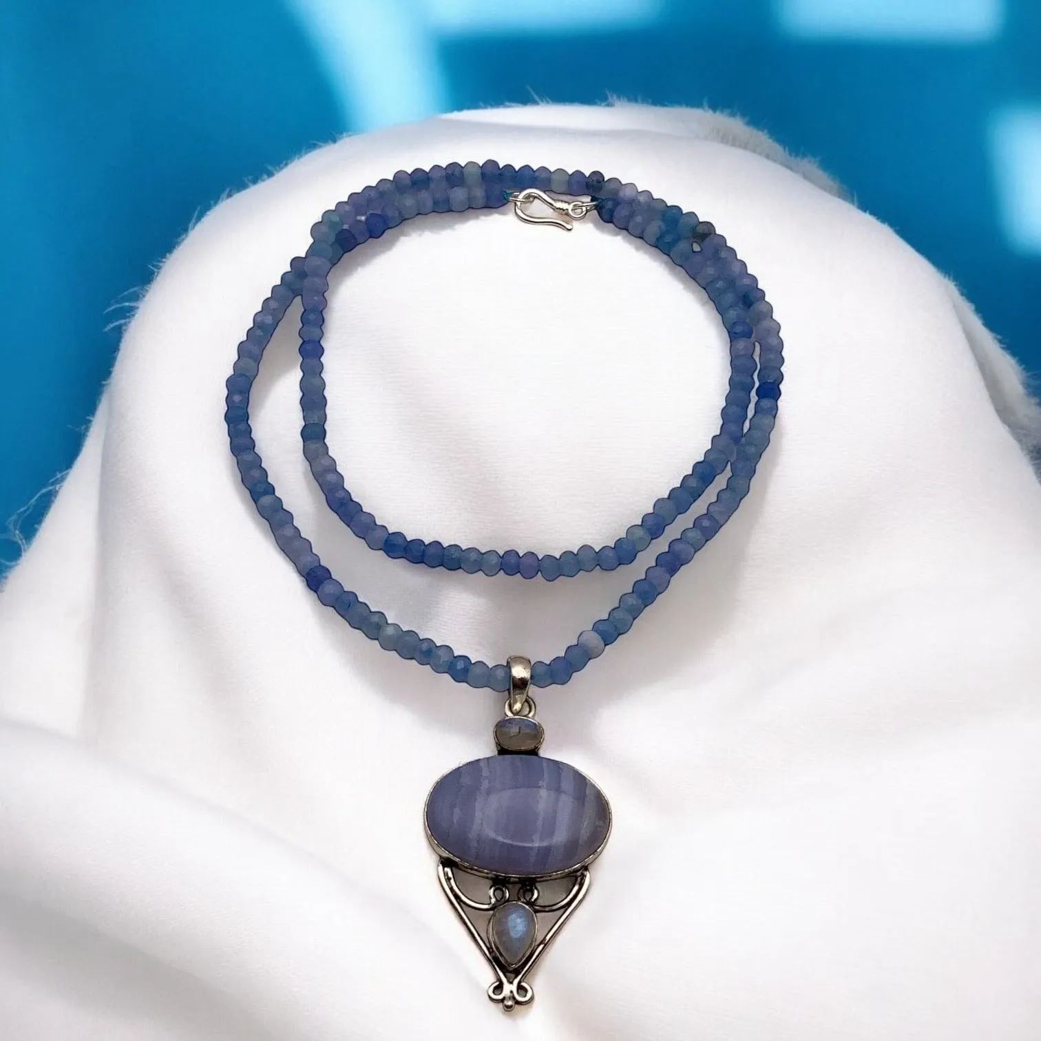 Blue Lace Agate Solid 925 Sterling Silver Pendant Necklace