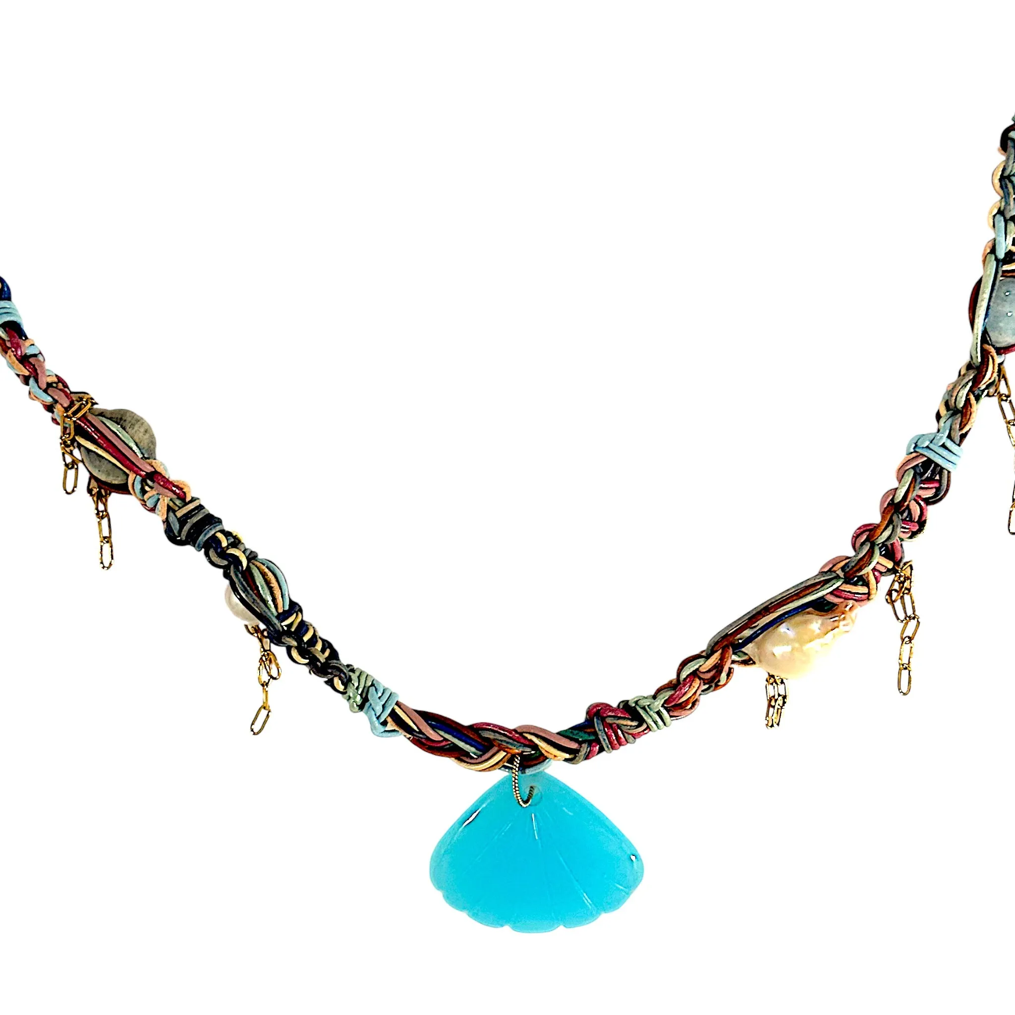 BLUE RAINBOW SEA SHELL LEATHER ROCKSTAR NECKLACE