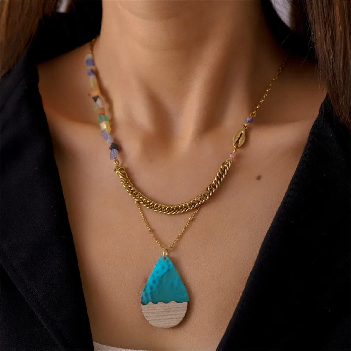 Blue Resin & Wood 18K Gold-Plated Teardrop Layered Pendant Necklace