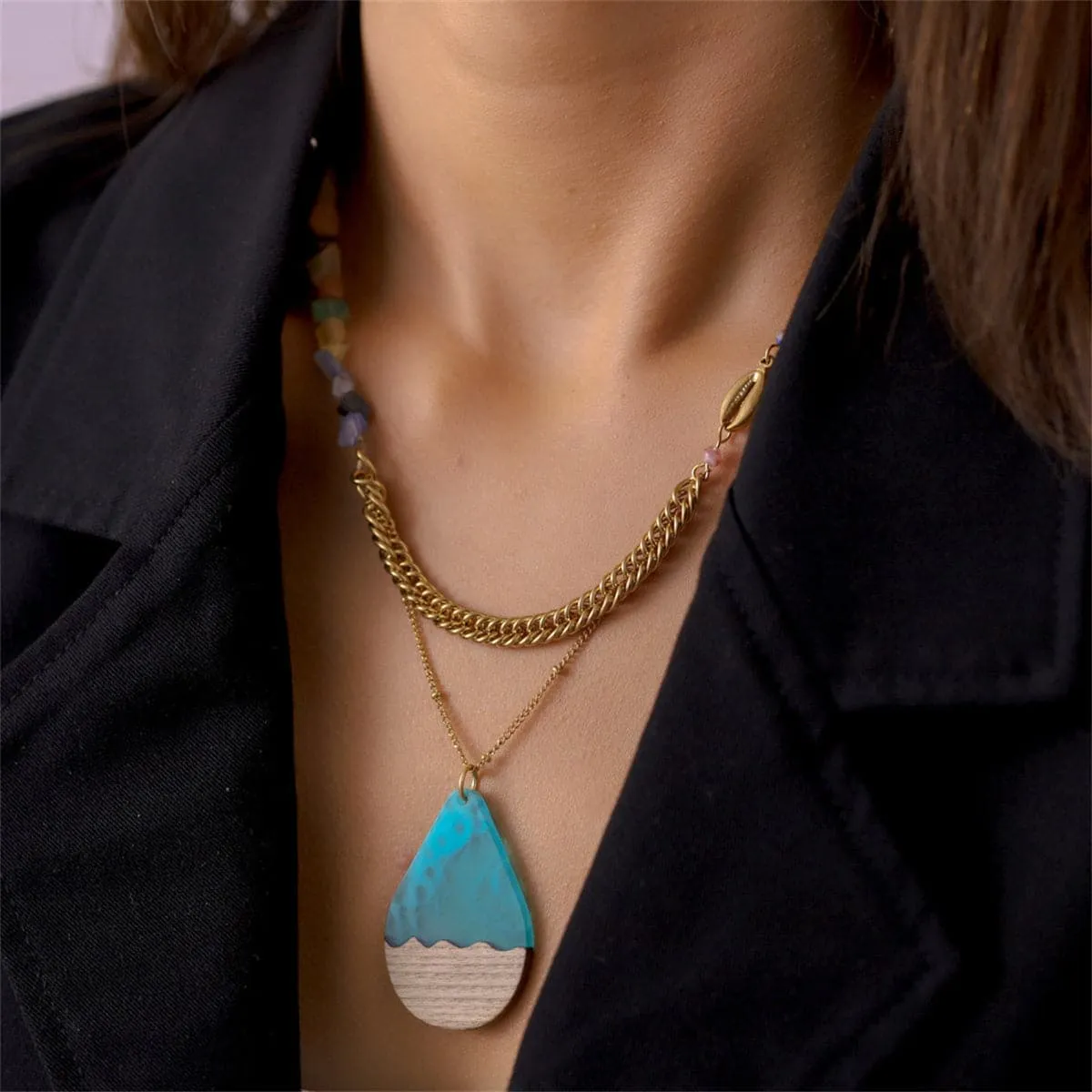 Blue Resin & Wood 18K Gold-Plated Teardrop Layered Pendant Necklace