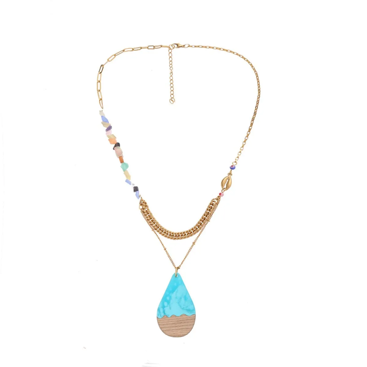 Blue Resin & Wood 18K Gold-Plated Teardrop Layered Pendant Necklace