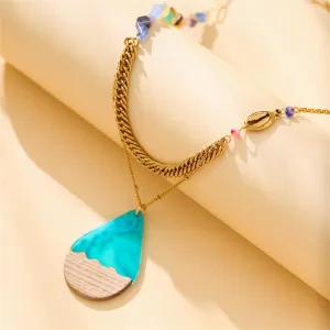 Blue Resin & Wood 18K Gold-Plated Teardrop Layered Pendant Necklace