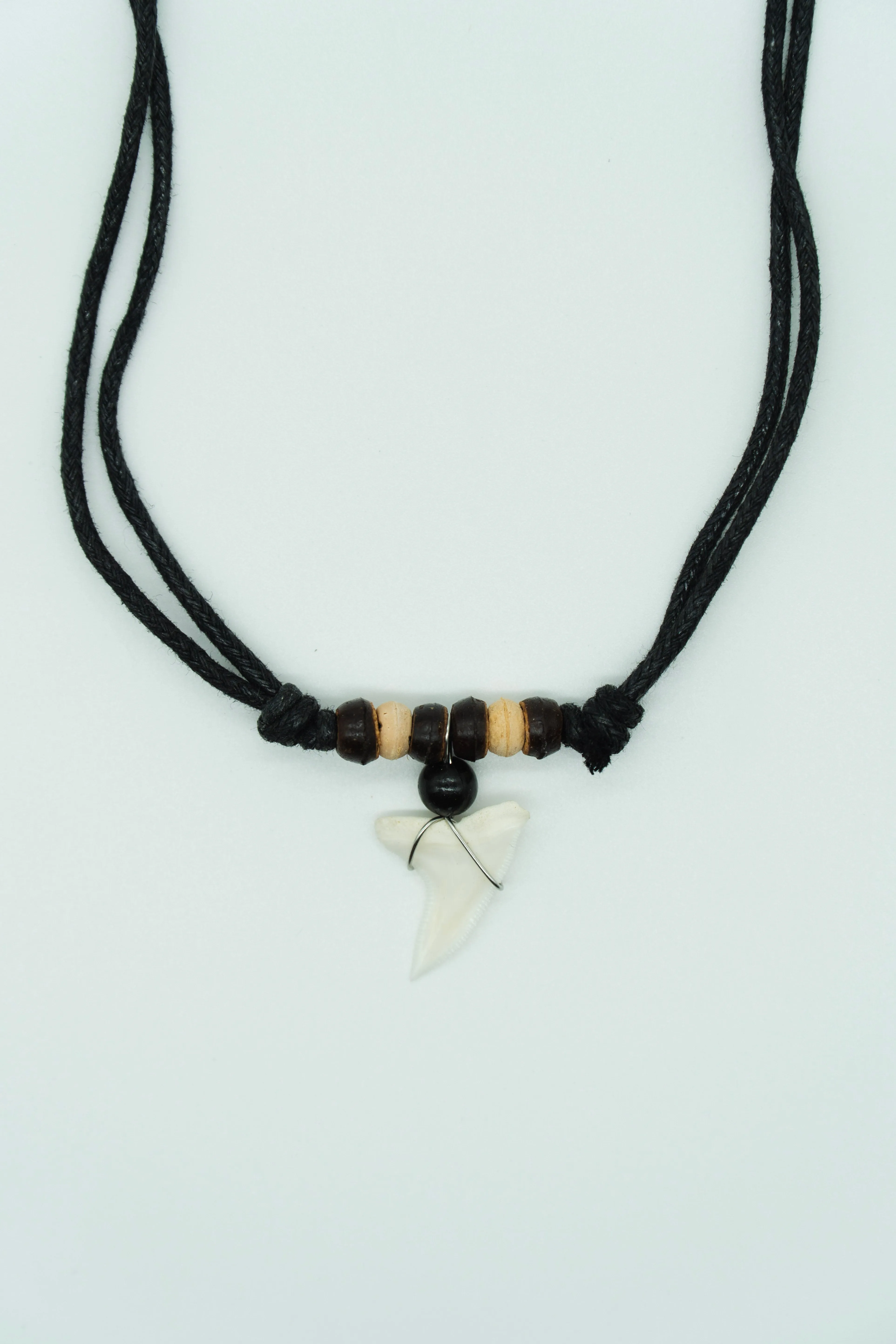 Blue shark teeth necklace dark light wood c117