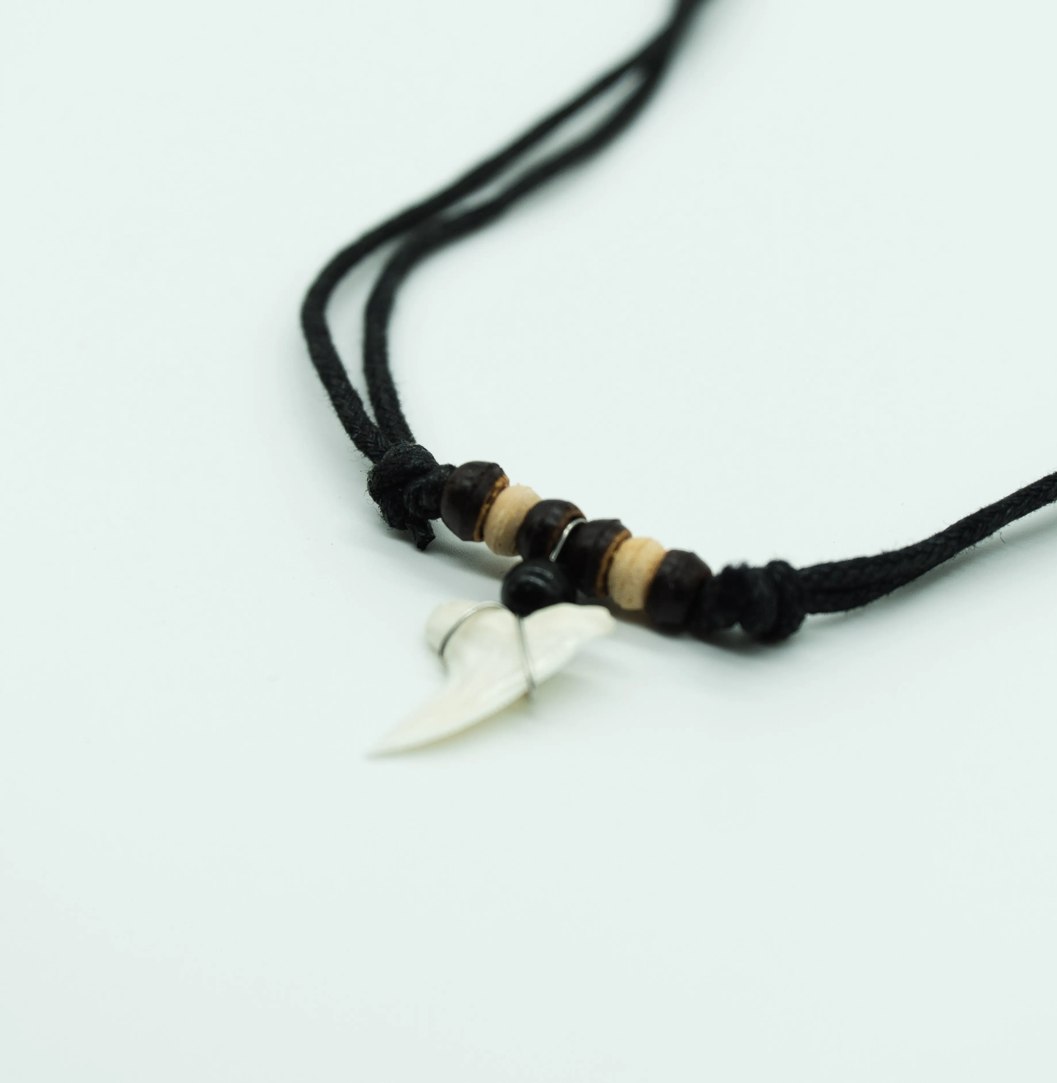 Blue shark teeth necklace dark light wood c117