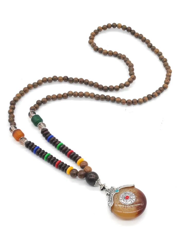 Bodhi Buddha Ma Cotton Ethnic Antique Handmade Chicken Wings Wooden Beads Long Necklace Anti-bee Wax Pendant Sweater Chain