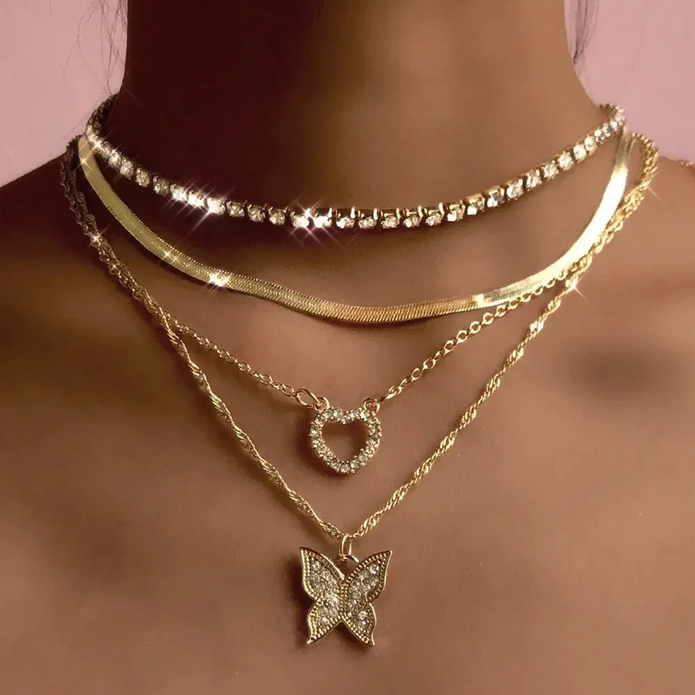 Bohemia Multilayer Crystal Butterfly Pendant Necklaces Women Hollow Heart Choker Necklace Fashion Jewelry Party