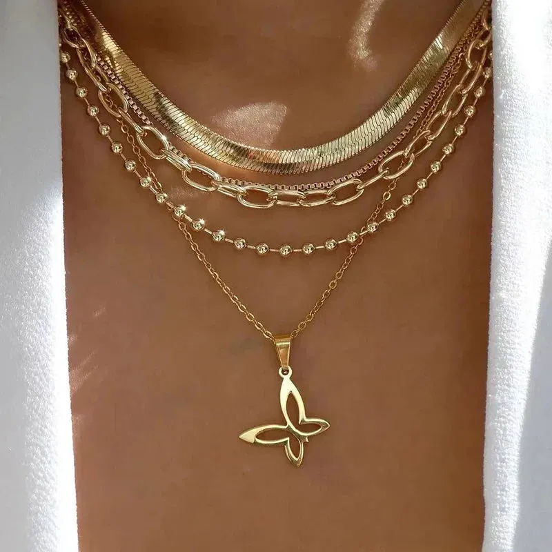 Bohemia Multilayer Crystal Butterfly Pendant Necklaces Women Hollow Heart Choker Necklace Fashion Jewelry Party